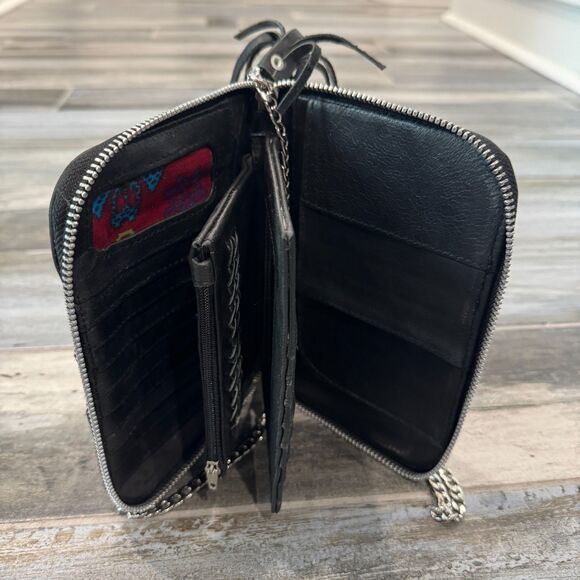 New Braided Black Leather Clutch Wallet Purse Removable Long Chain Zipper Close - Picture 3 of 8